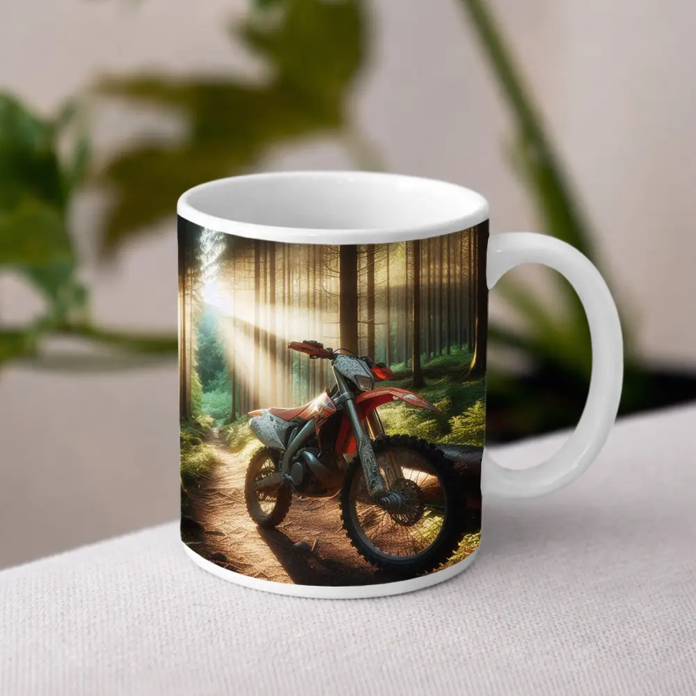 Dirt Bike Parked on Forest Trail – Mugs