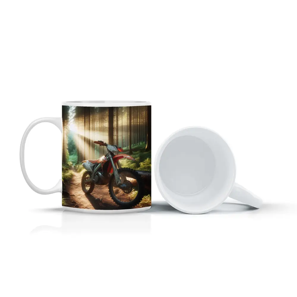 Dirt Bike Parked on Forest Trail – Mugs