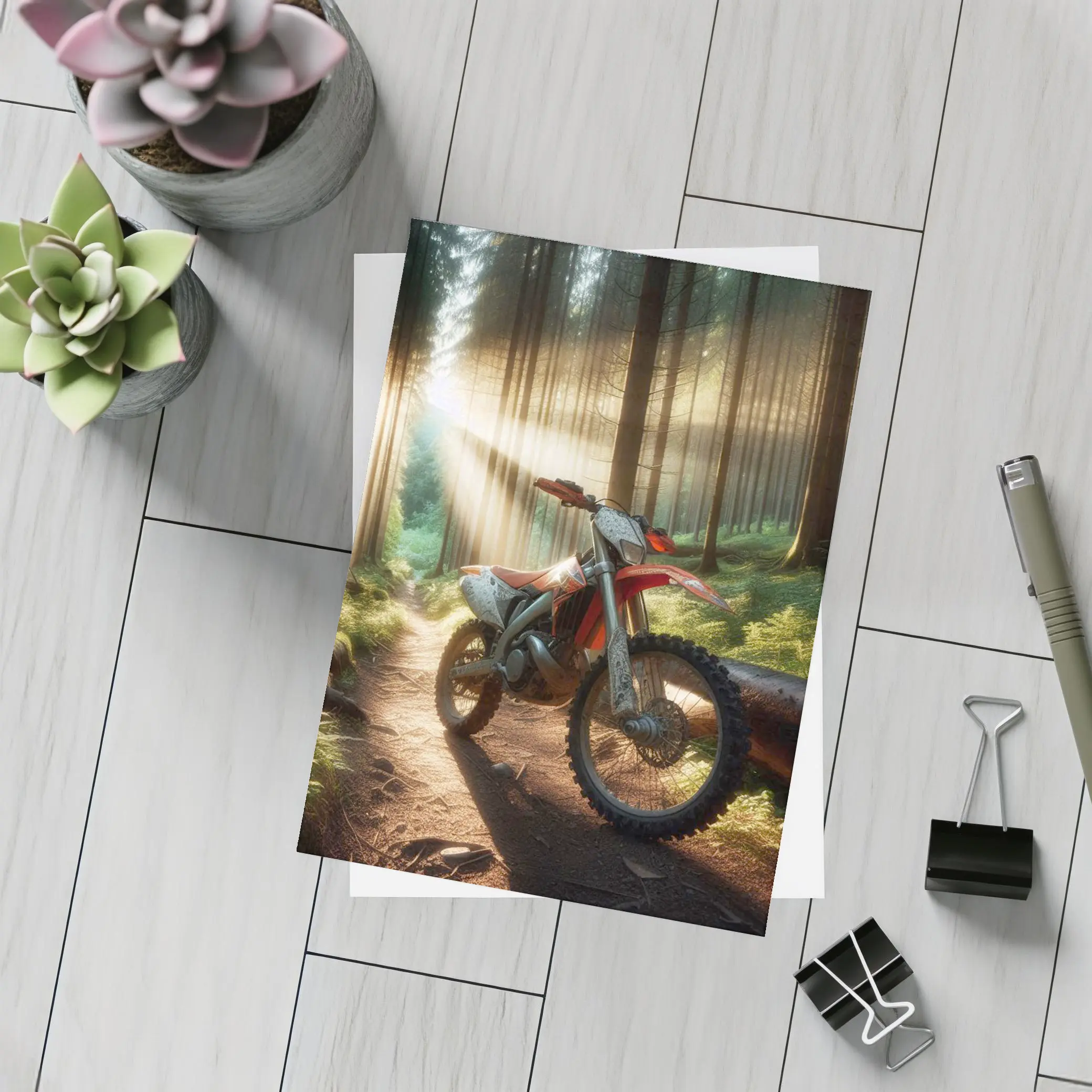 Dirt Bike Parked on Forest Trail – Postcards