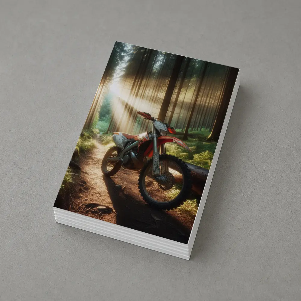 Dirt Bike Parked on Forest Trail – Postcards