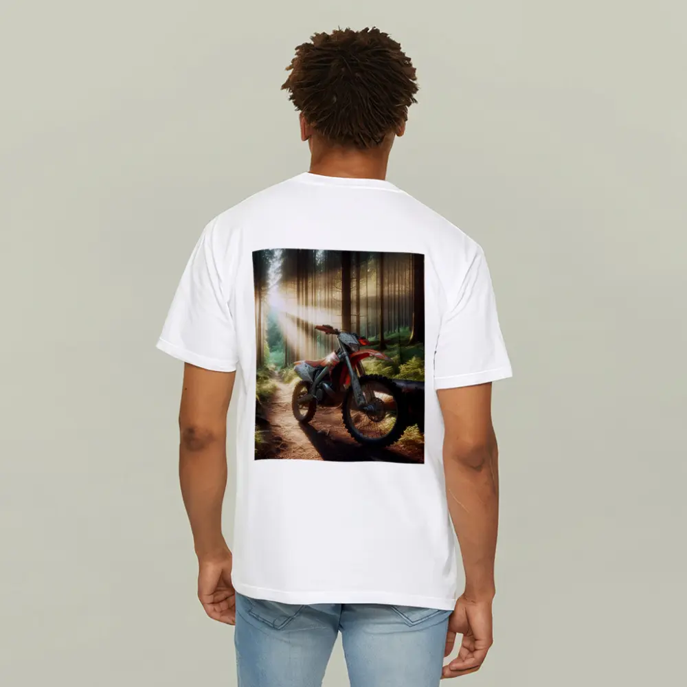 Dirt Bike Parked on Forest Trail – T-Shirts
