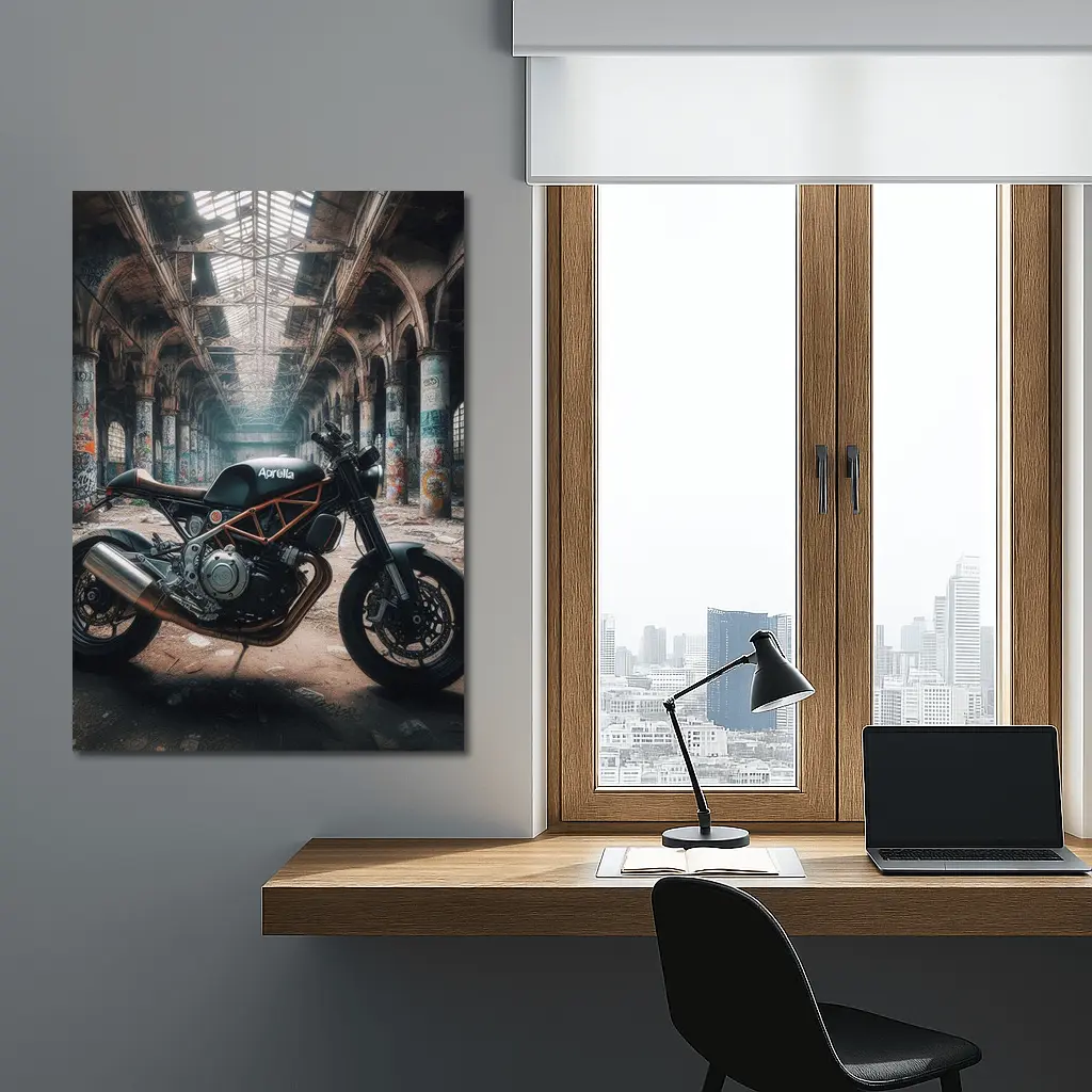 Aprilia Cafe Racer Motorcycle Abandoned Industrial Hall – Wall Art