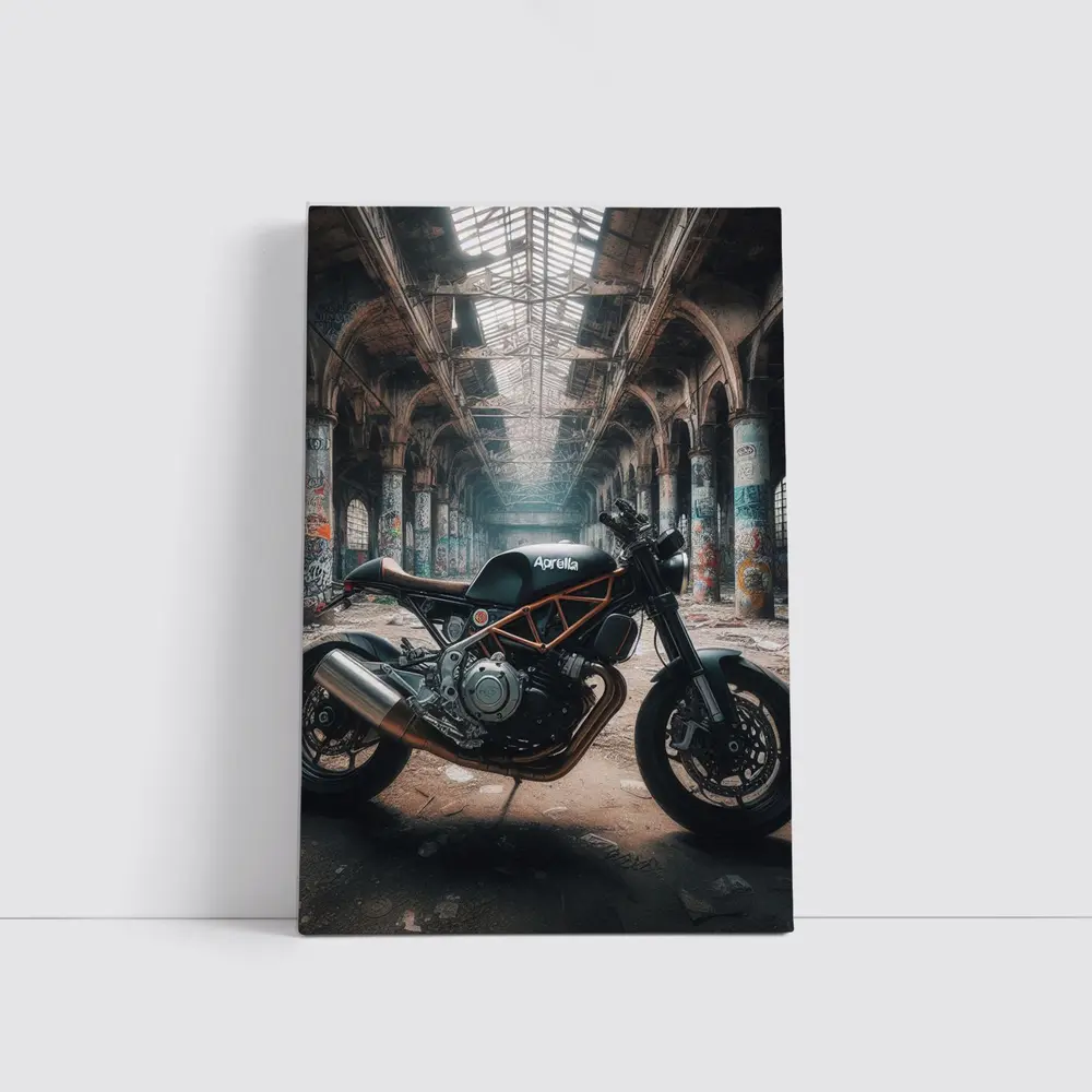 Aprilia Cafe Racer Motorcycle Abandoned Industrial Hall – Wall Art