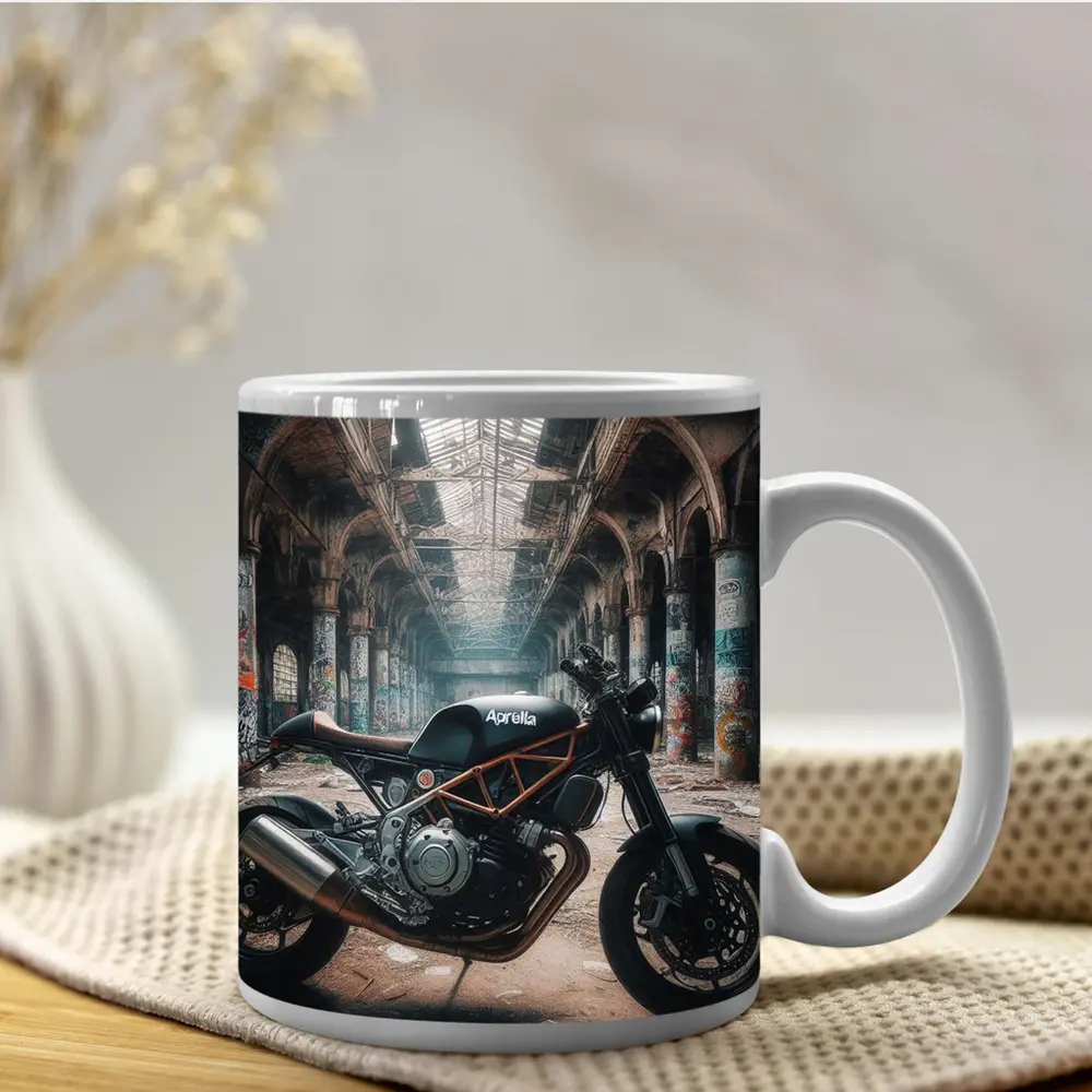 Aprilia Cafe Racer Motorcycle Abandoned Industrial Hall – Mugs