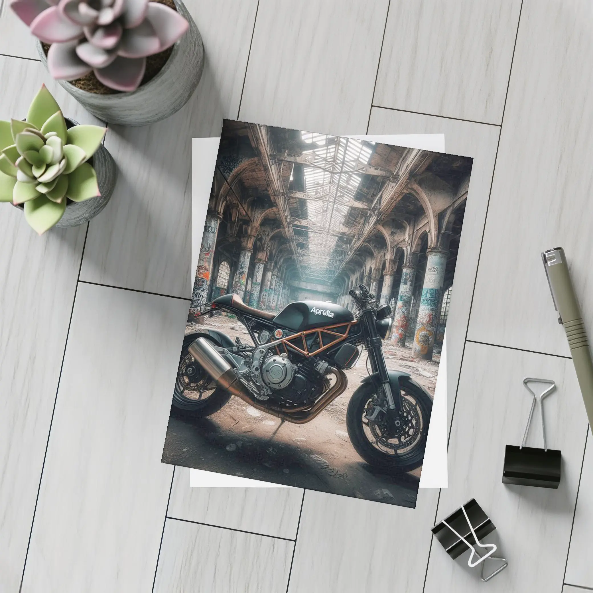Aprilia Cafe Racer Motorcycle Abandoned Industrial Hall – Postcards