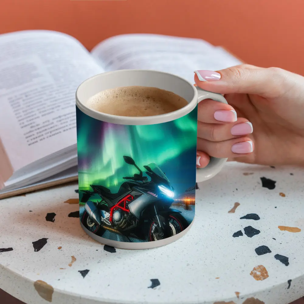 Sport Bike Under Northern Lights Winter Night – Mugs