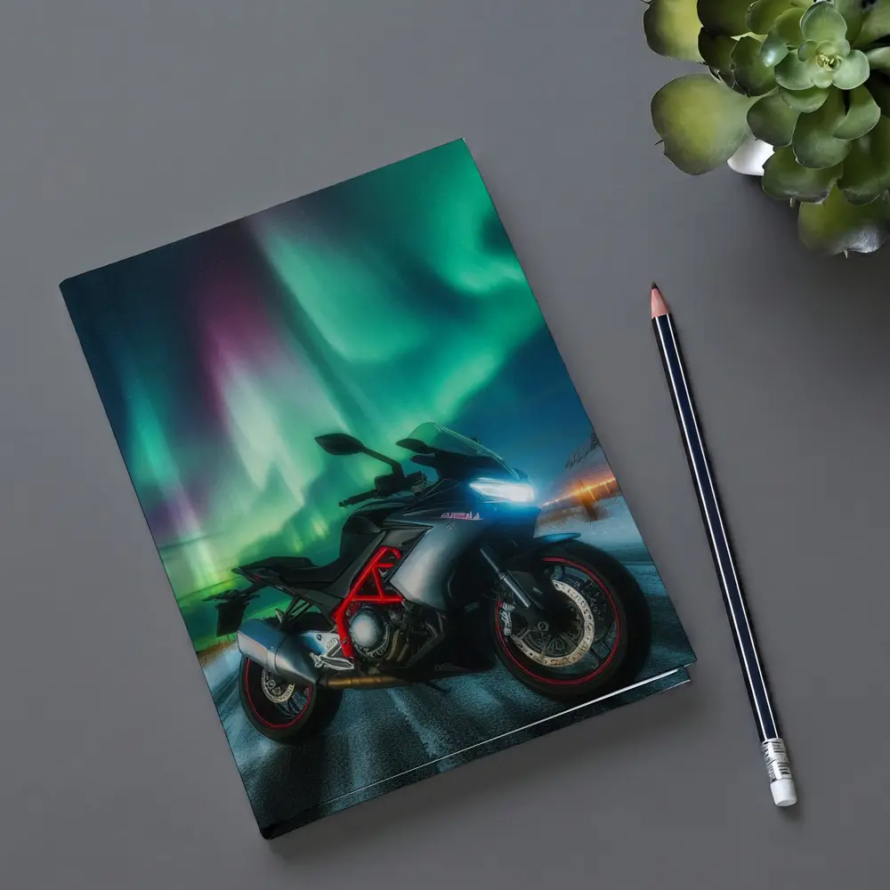 Sport Bike Under Northern Lights Winter Night – Notebooks
