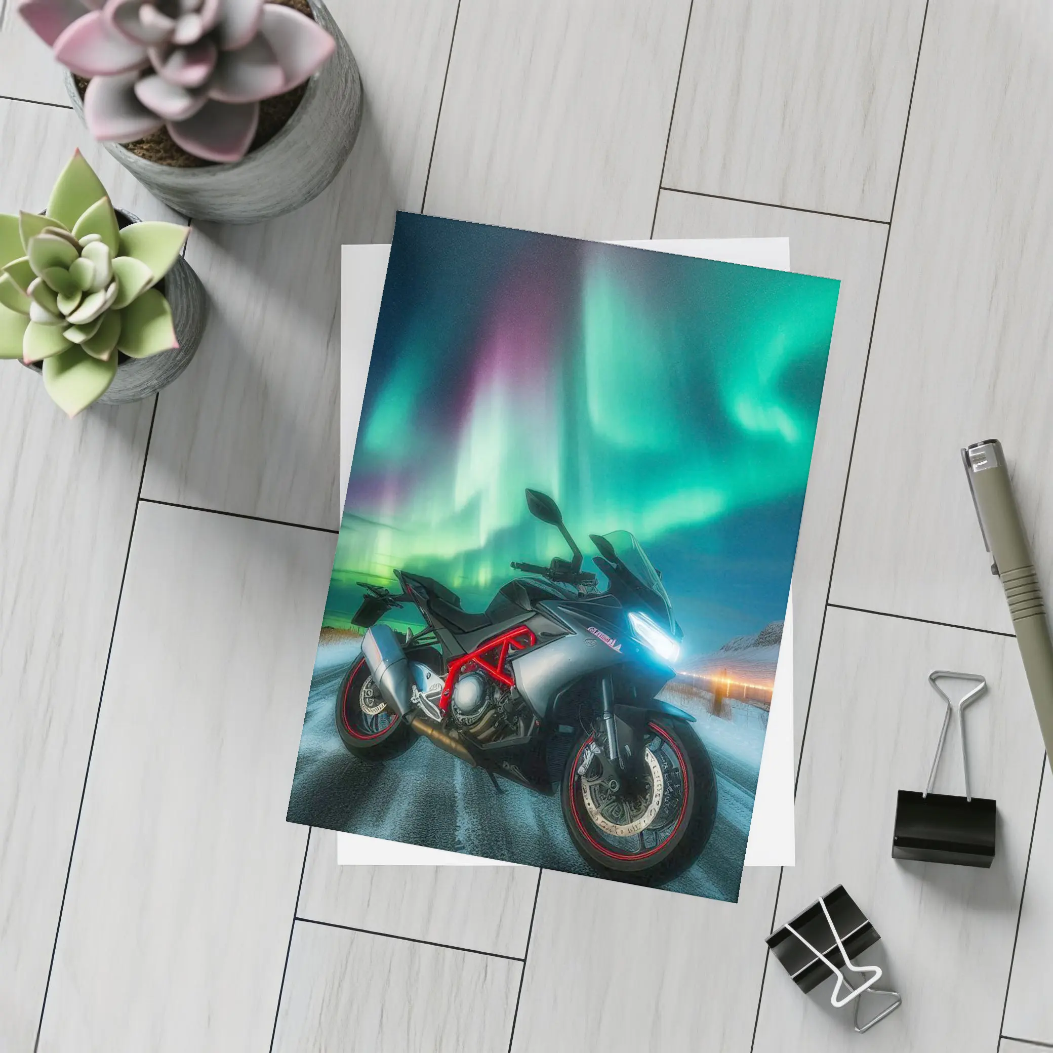 Sport Bike Under Northern Lights Winter Night – Postcards