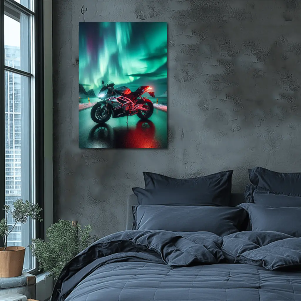 Aprilia Motorcycle Under Northern Lights Night – Wall Art