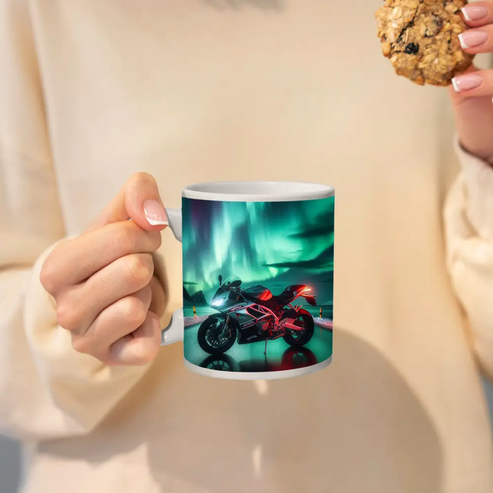 Aprilia Motorcycle Under Northern Lights Night – Mugs