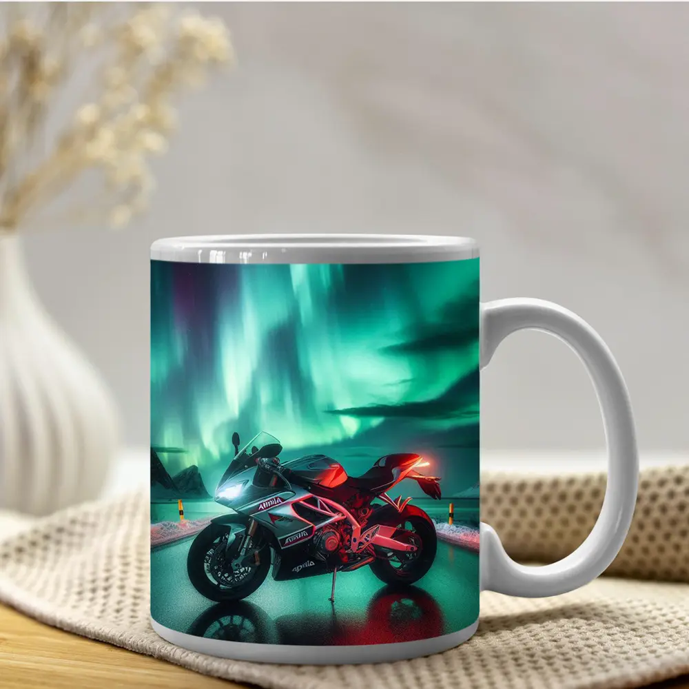 Aprilia Motorcycle Under Northern Lights Night – Mugs