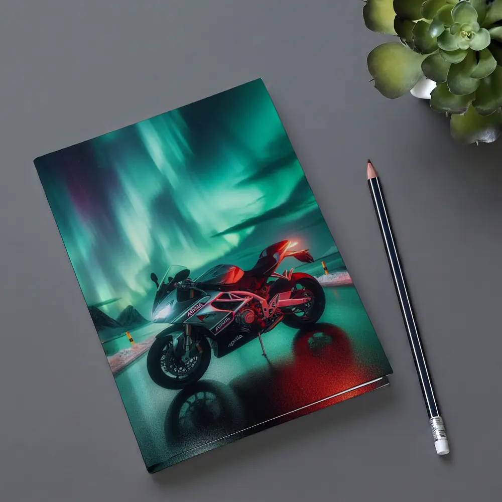 Aprilia Motorcycle Under Northern Lights Night – Notebooks