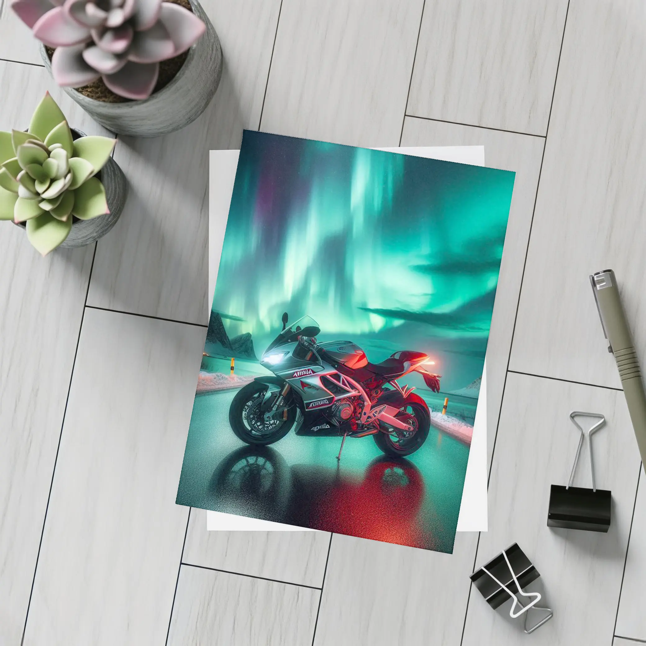Aprilia Motorcycle Under Northern Lights Night – Postcards