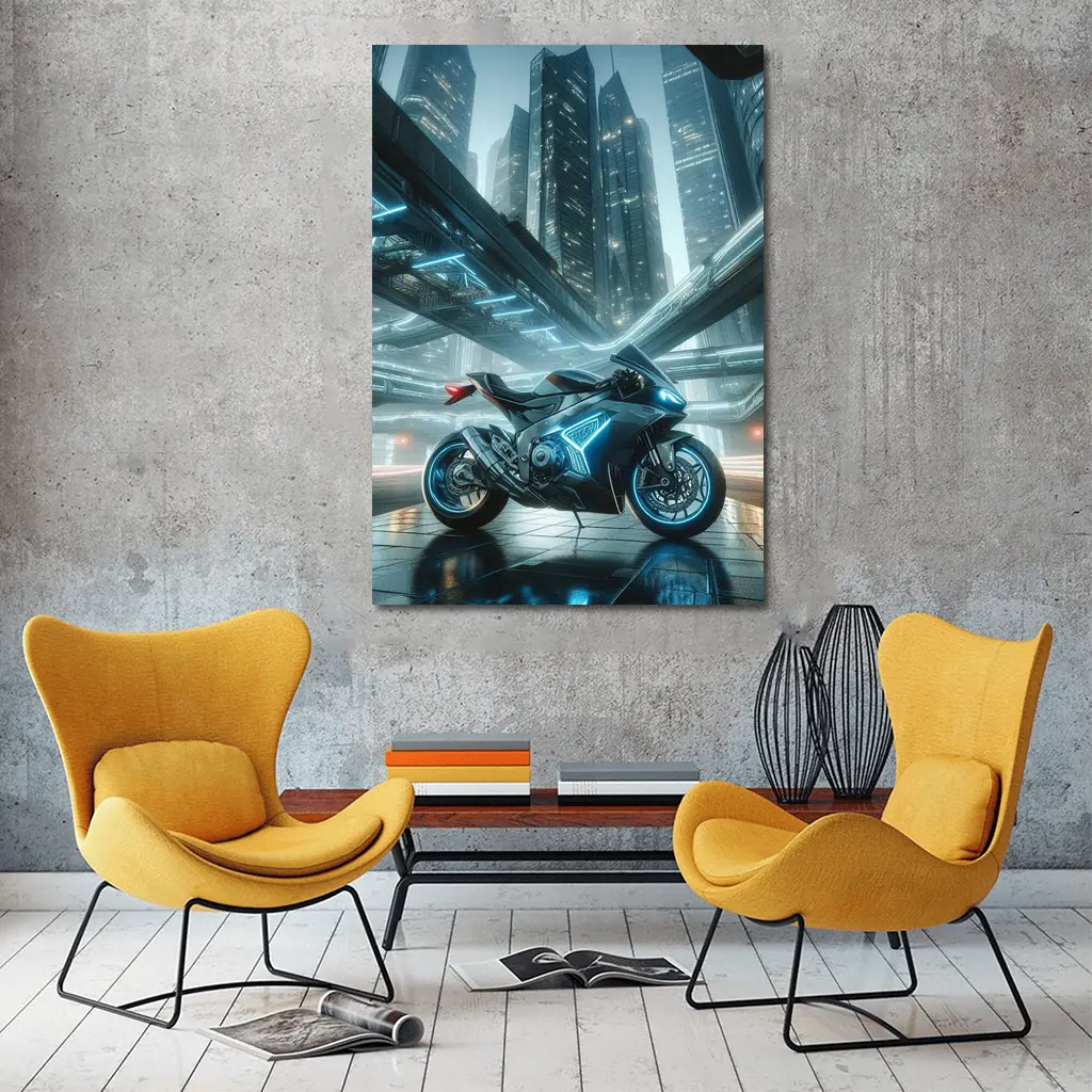 Futuristic Sport Bike Glowing Cyberpunk City Night – Wall Art