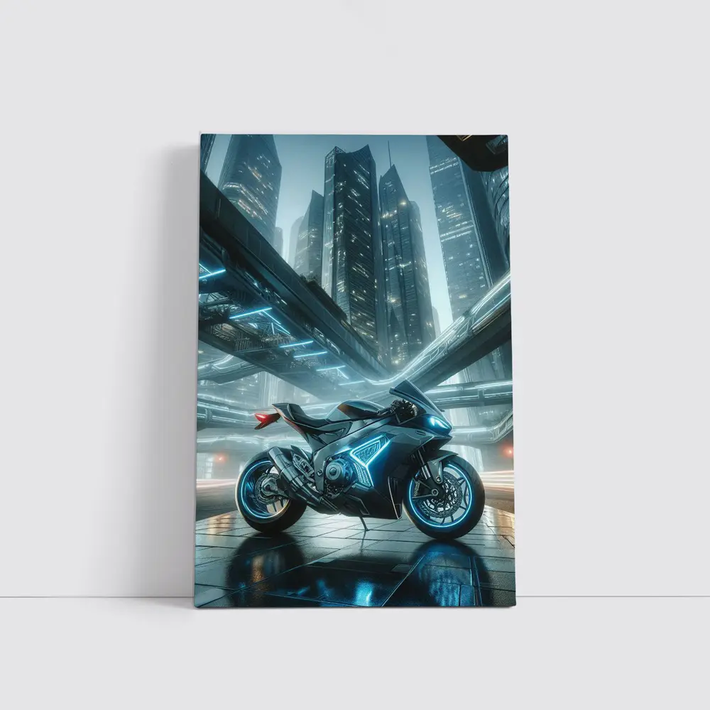Futuristic Sport Bike Glowing Cyberpunk City Night – Wall Art