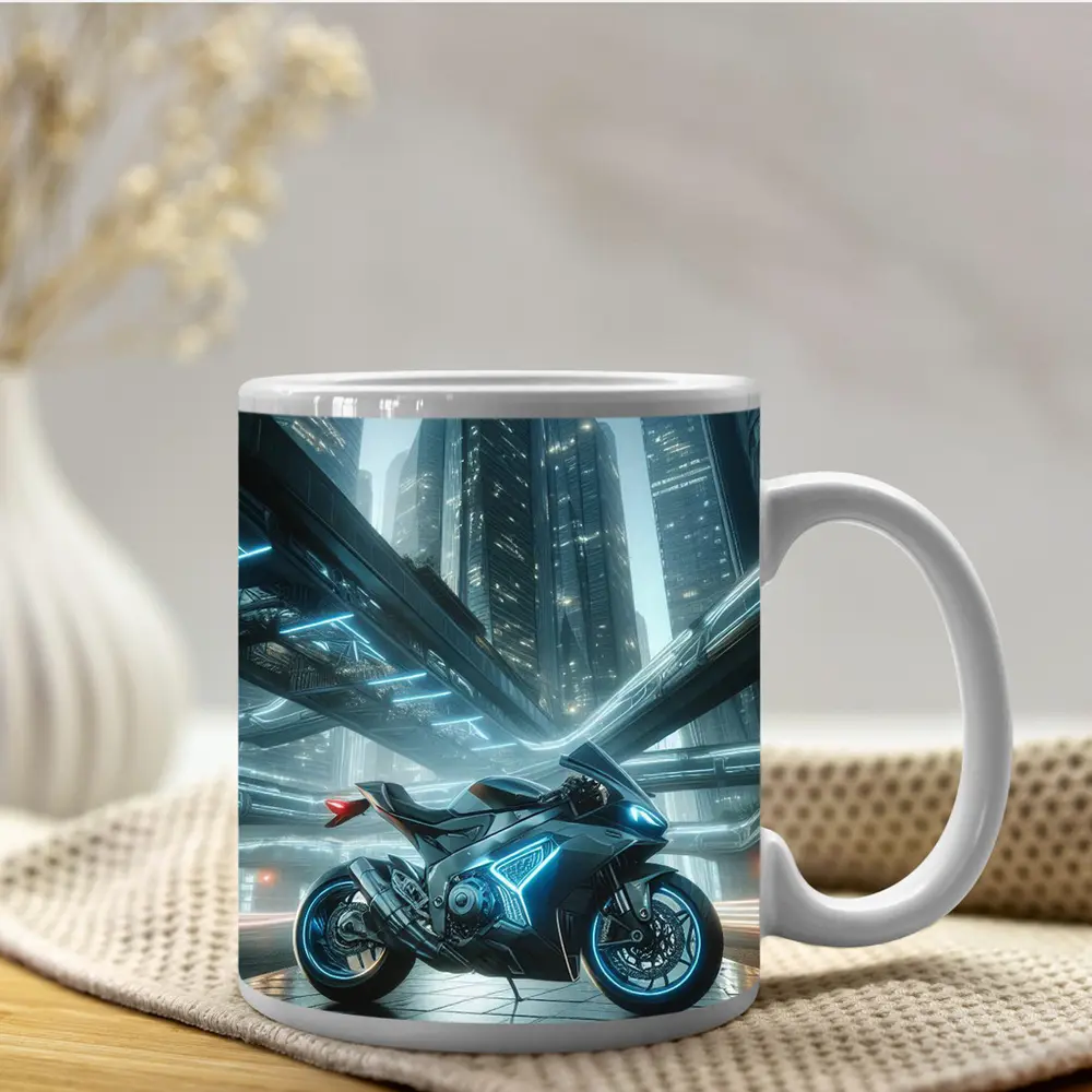 Futuristic Sport Bike Glowing Cyberpunk City Night – Mugs