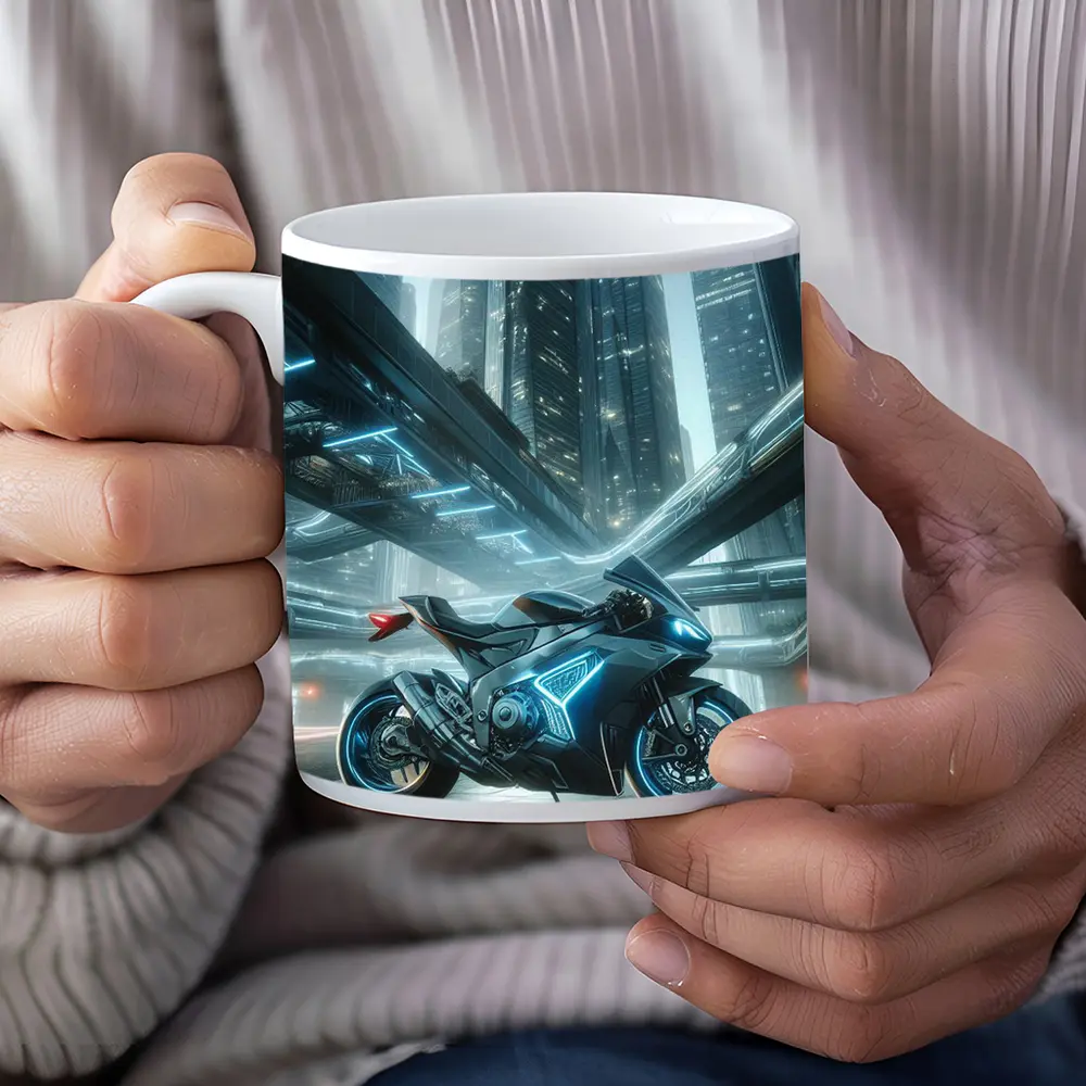 Futuristic Sport Bike Glowing Cyberpunk City Night – Mugs