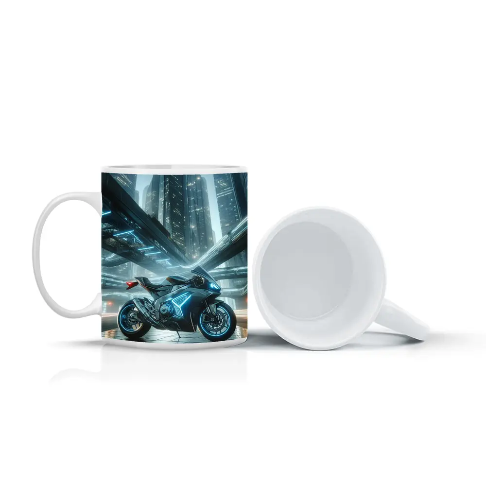 Futuristic Sport Bike Glowing Cyberpunk City Night – Mugs
