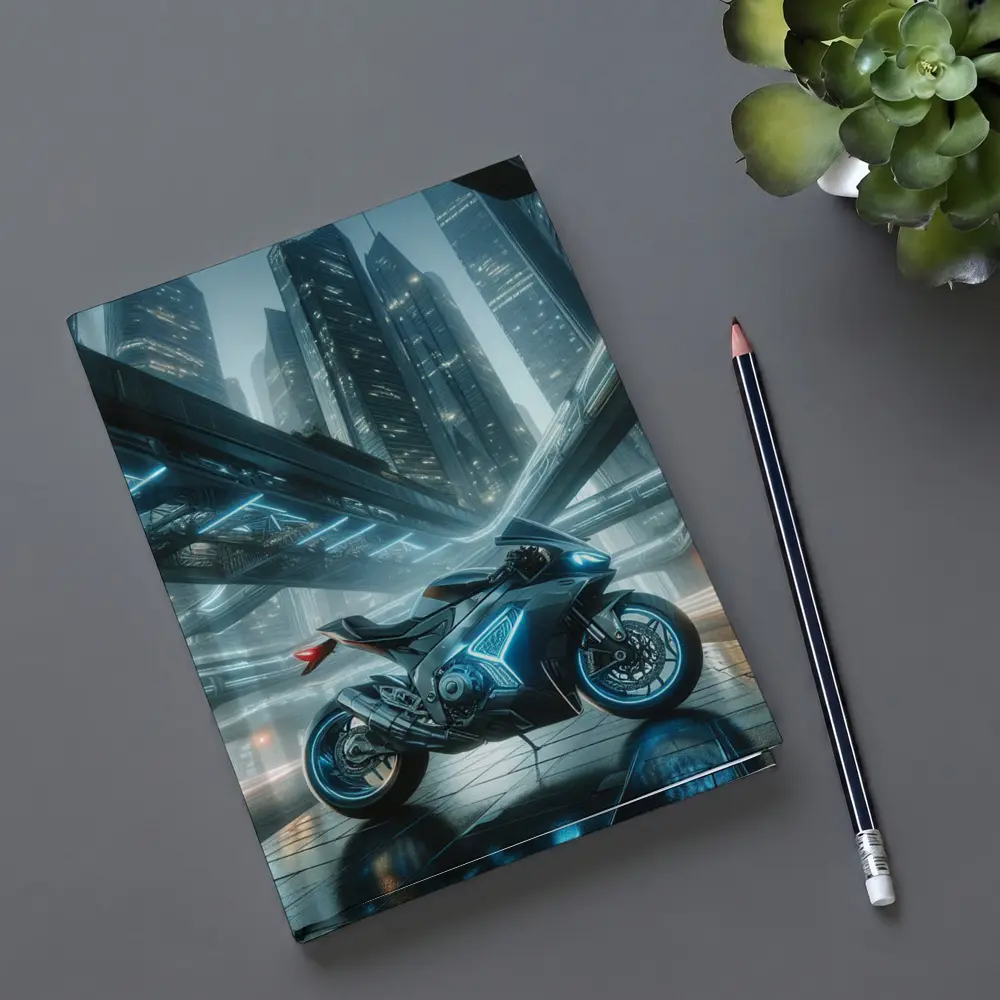 Futuristic Sport Bike Glowing Cyberpunk City Night – Notebooks