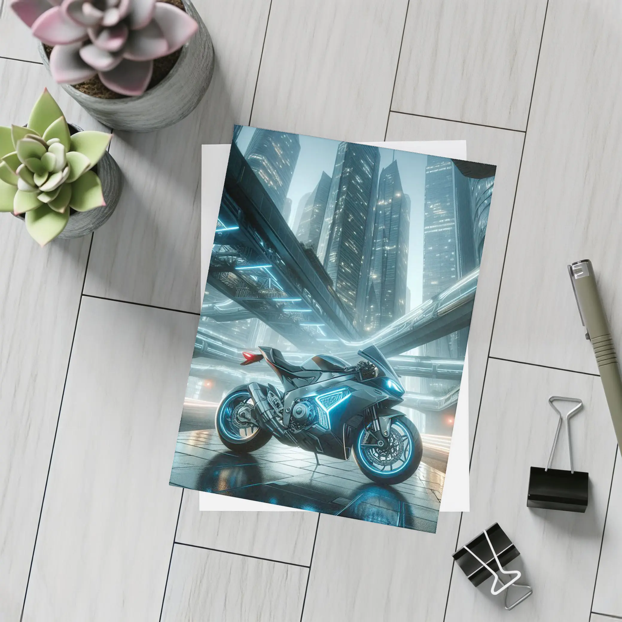 Futuristic Sport Bike Glowing Cyberpunk City Night – Postcards