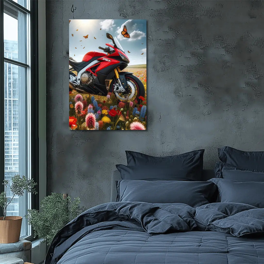Aprilia Motorcycle Red Among Wildflower Fields – Wall Art