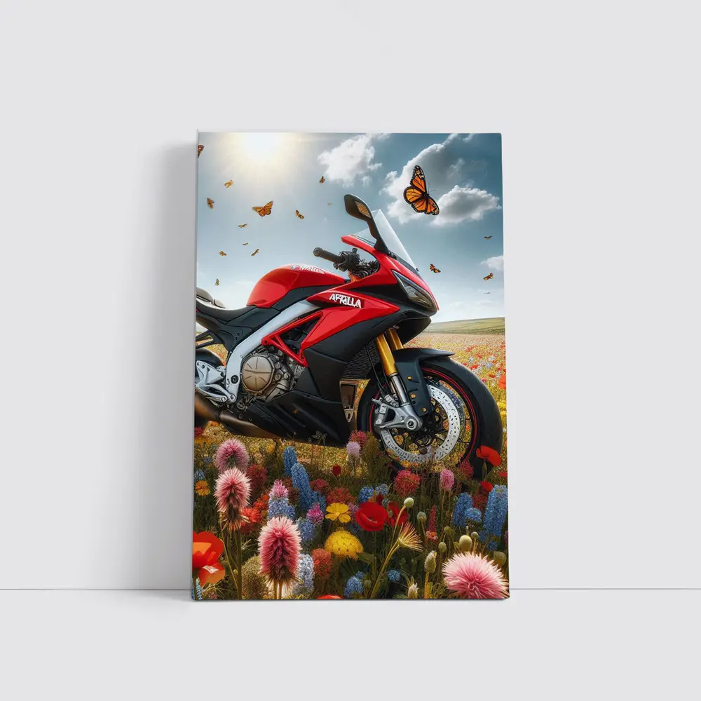 Aprilia Motorcycle Red Among Wildflower Fields – Wall Art