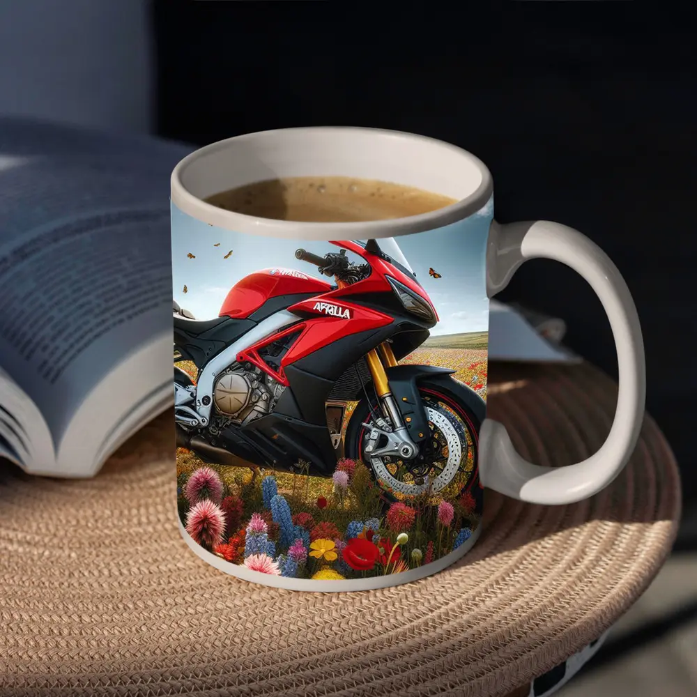 Aprilia Motorcycle Red Among Wildflower Fields – Mugs