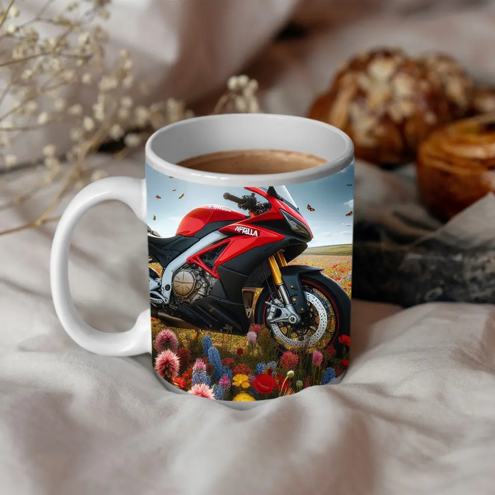 Aprilia Motorcycle Red Among Wildflower Fields – Mugs