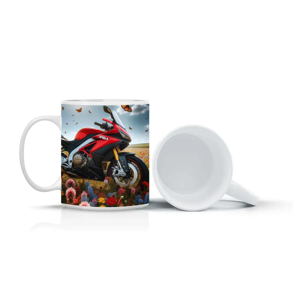 Aprilia Motorcycle Red Among Wildflower Fields – Mugs