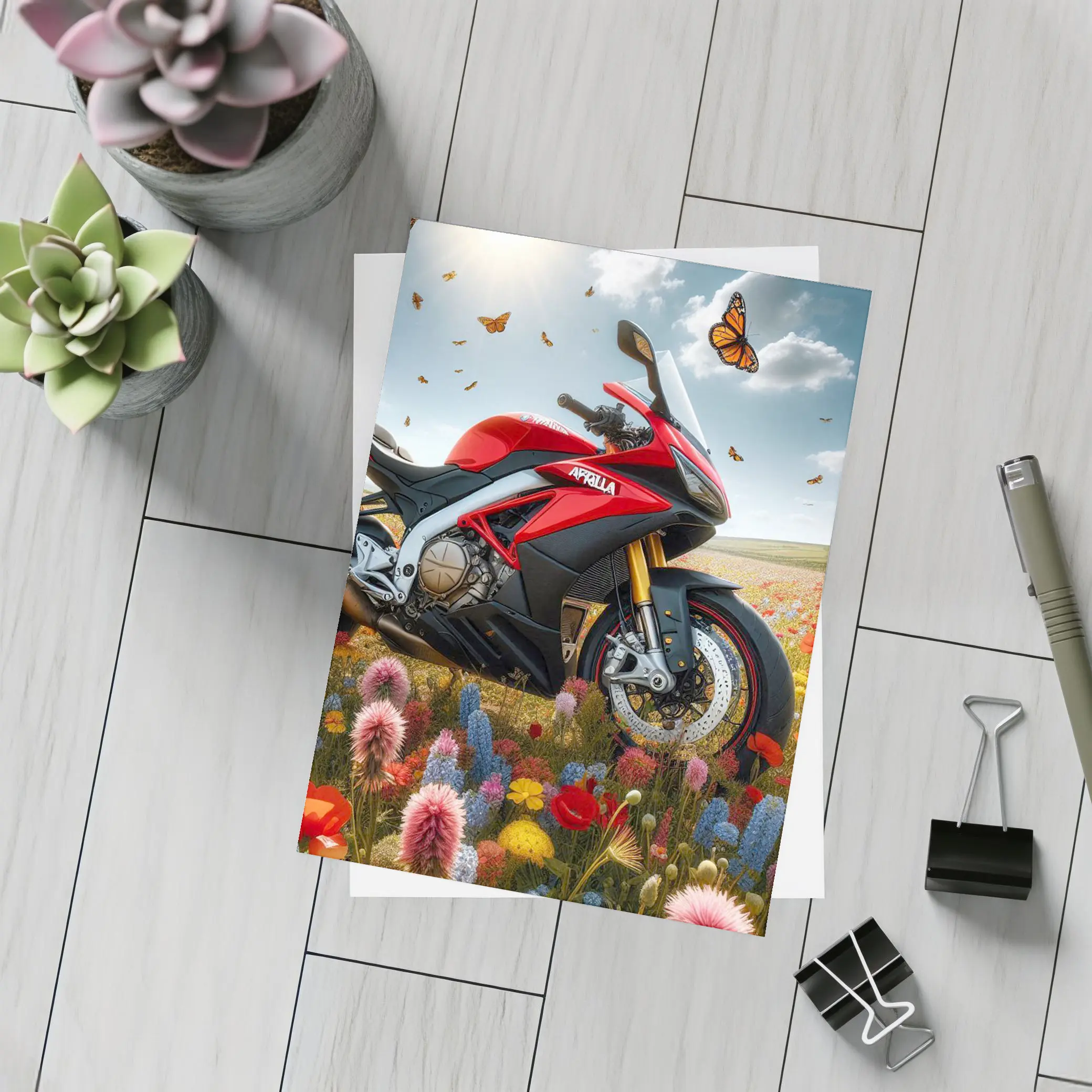 Aprilia Motorcycle Red Among Wildflower Fields – Postcards