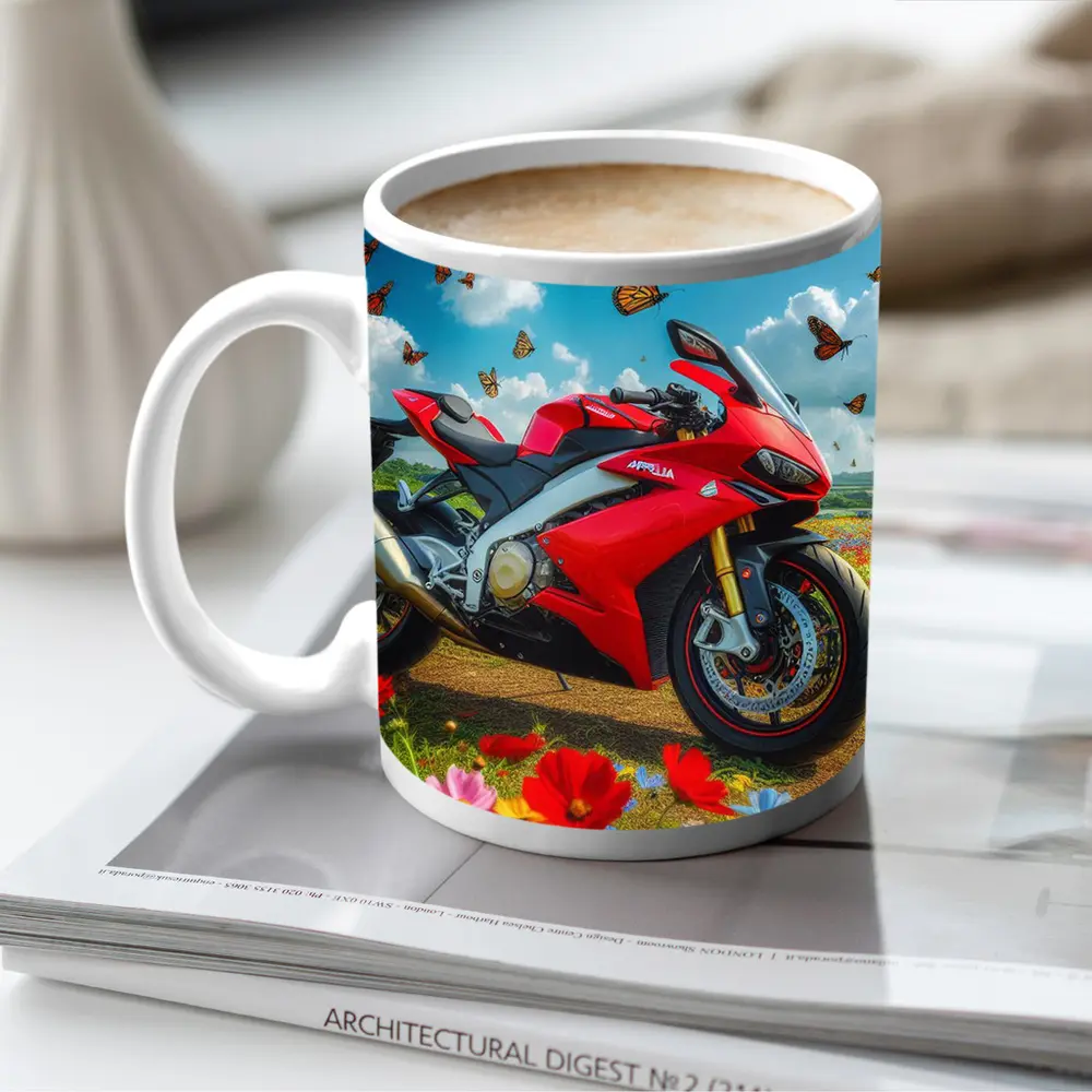 Red Aprilia Superbike Wildflowers Butterflies Sky – Mugs