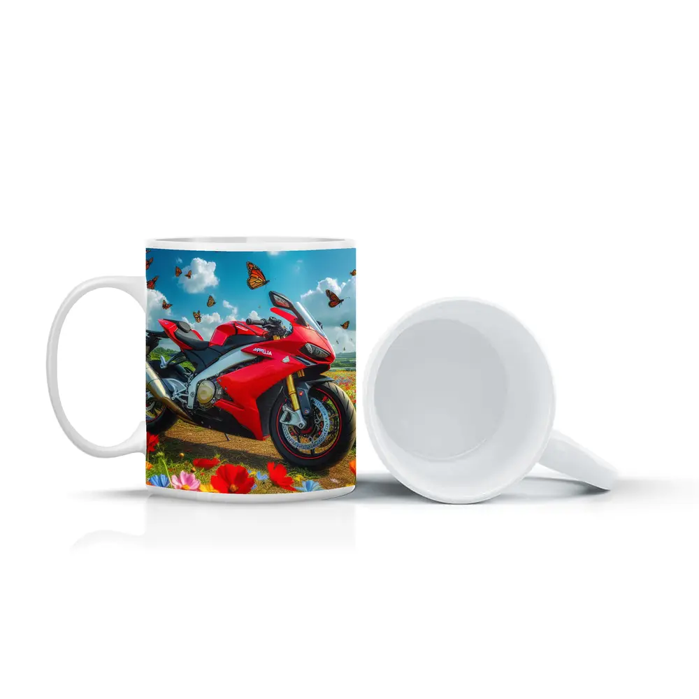 Red Aprilia Superbike Wildflowers Butterflies Sky – Mugs