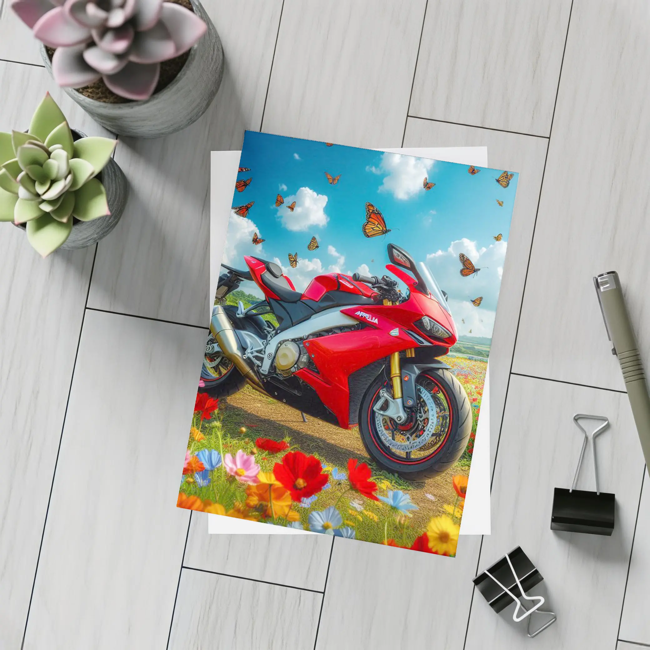 Red Aprilia Superbike Wildflowers Butterflies Sky – Postcards