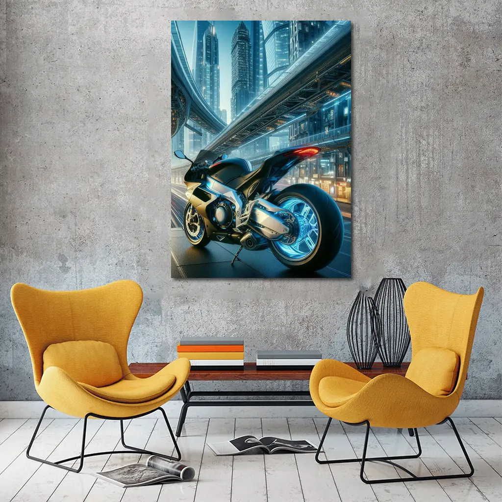 Futuristic Sport Bike Neon Cyberpunk City – Wall Art