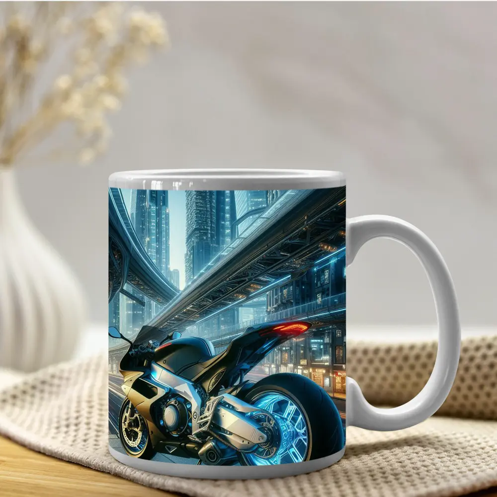 Futuristic Sport Bike Neon Cyberpunk City – Mugs