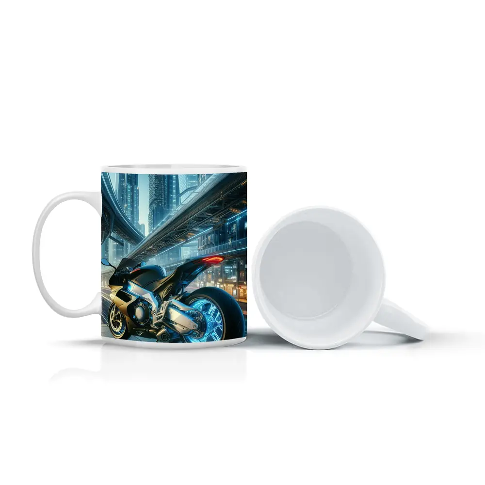 Futuristic Sport Bike Neon Cyberpunk City – Mugs