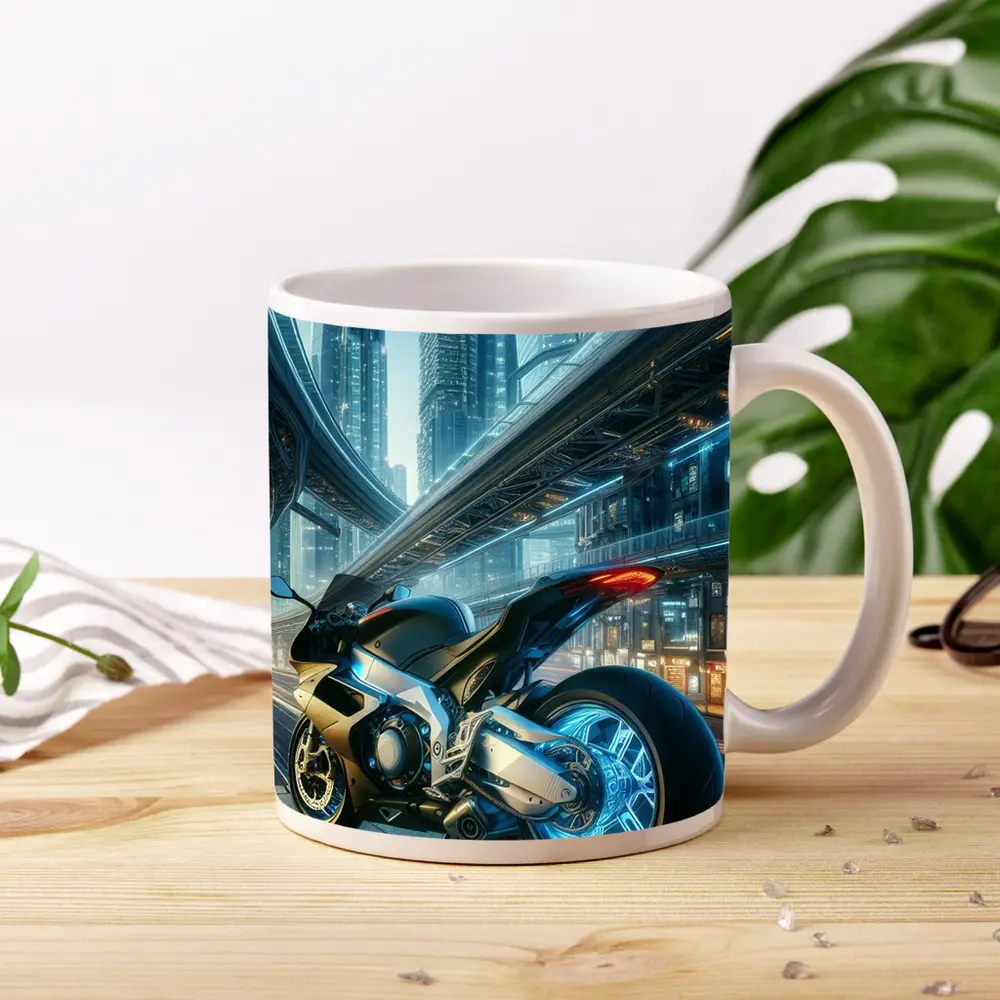 Futuristic Sport Bike Neon Cyberpunk City – Mugs