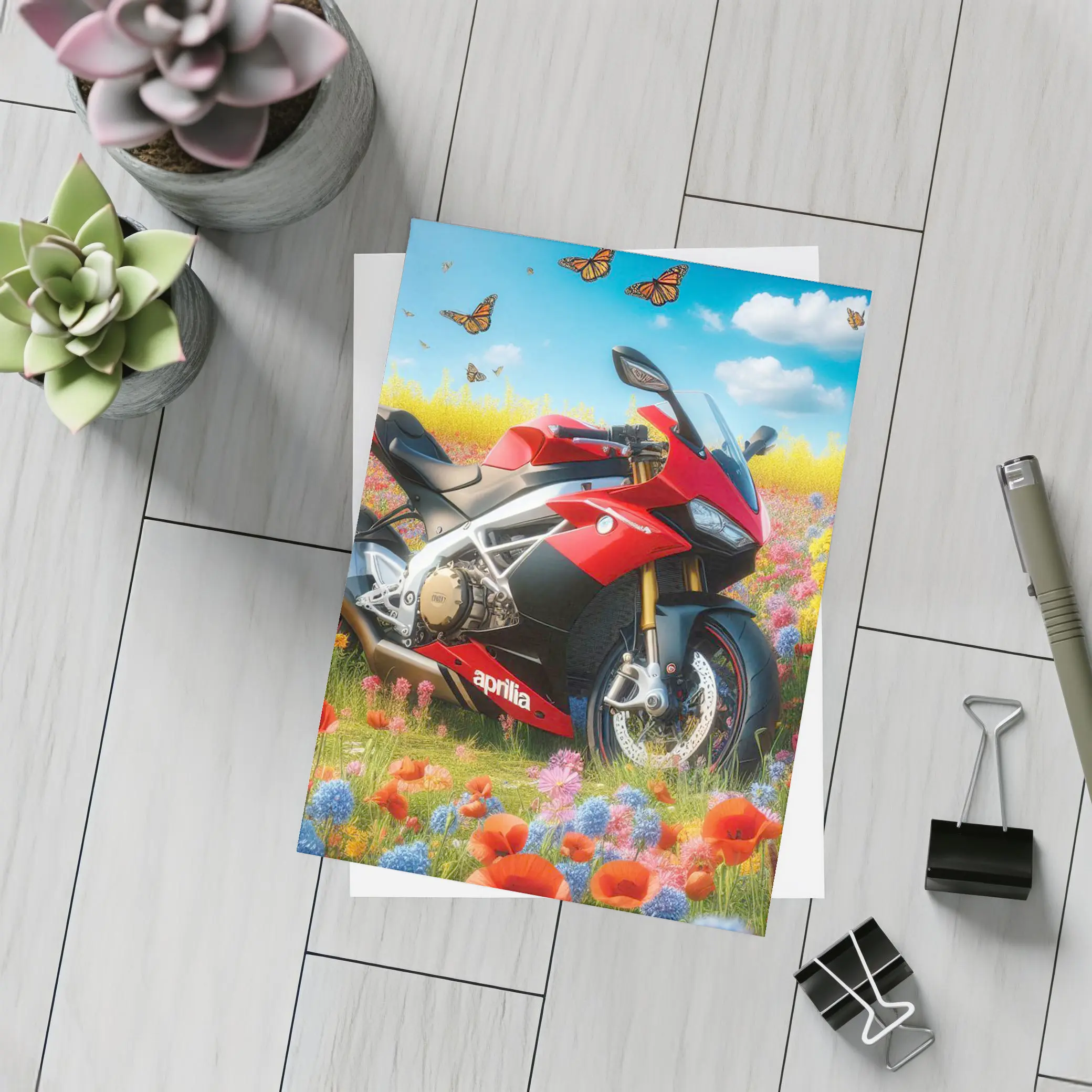 Aprilia Motorcycle Red Wildflower Field Butterflies – Postcards