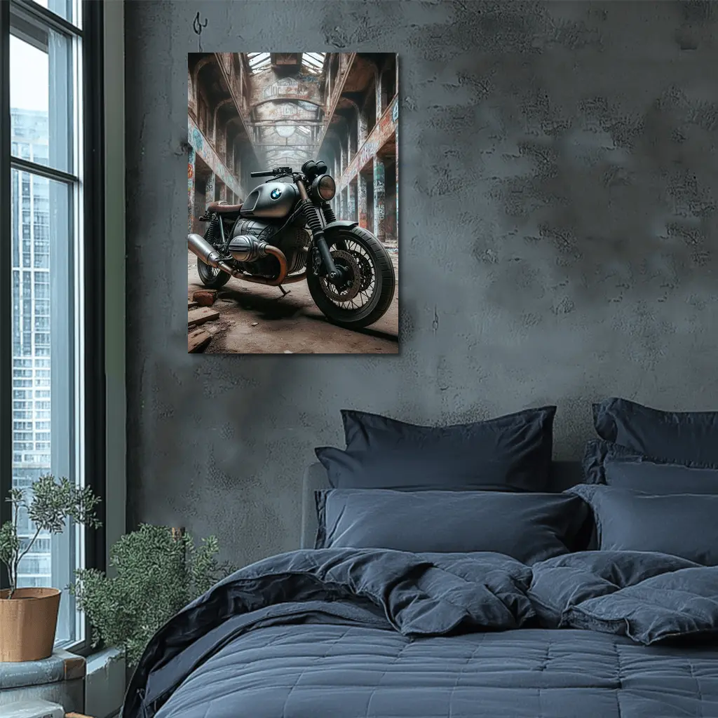 BMW Cafe Racer Motorcycle Abandoned Industrial Hall – Wall Art