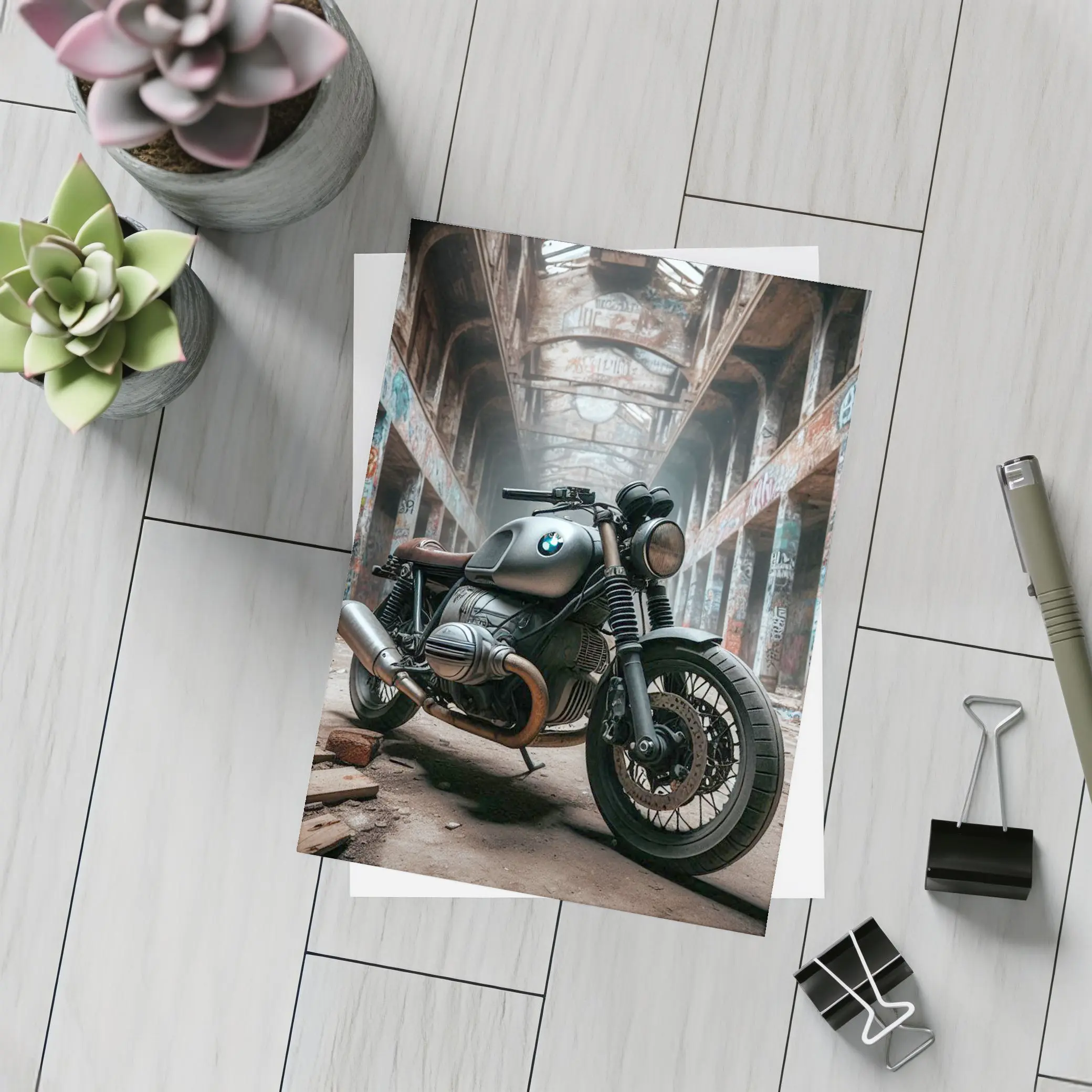 BMW Cafe Racer Motorcycle Abandoned Industrial Hall – Postcards
