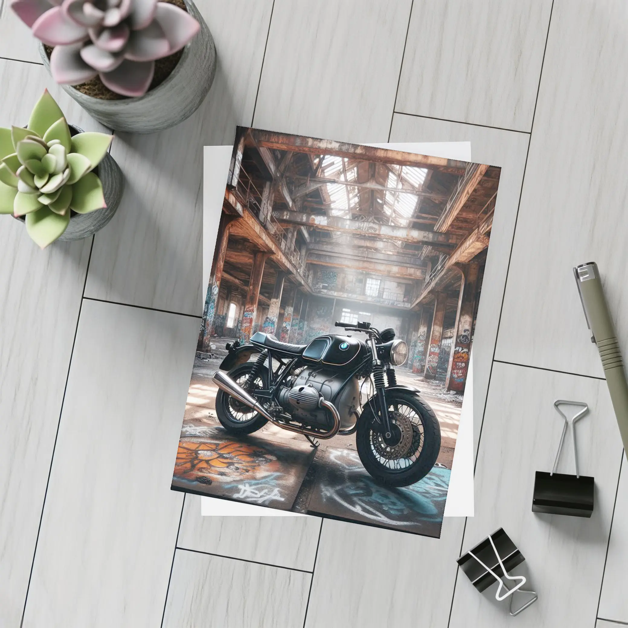 BMW Cafe Racer Motorcycle Abandoned Industrial Hall – Postcards