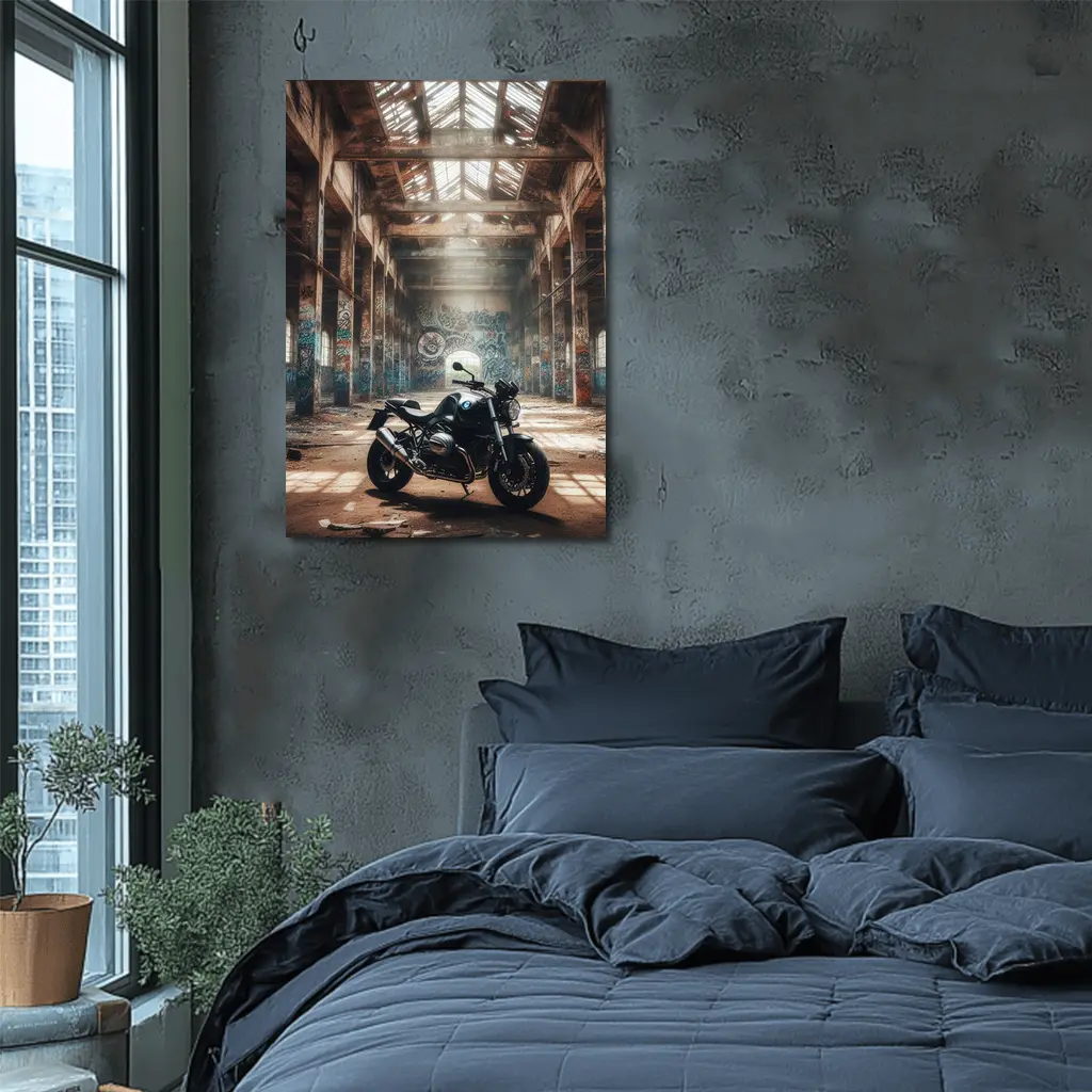 BMW Motorcycle Abandoned Warehouse Graffiti Scene – Wall Art