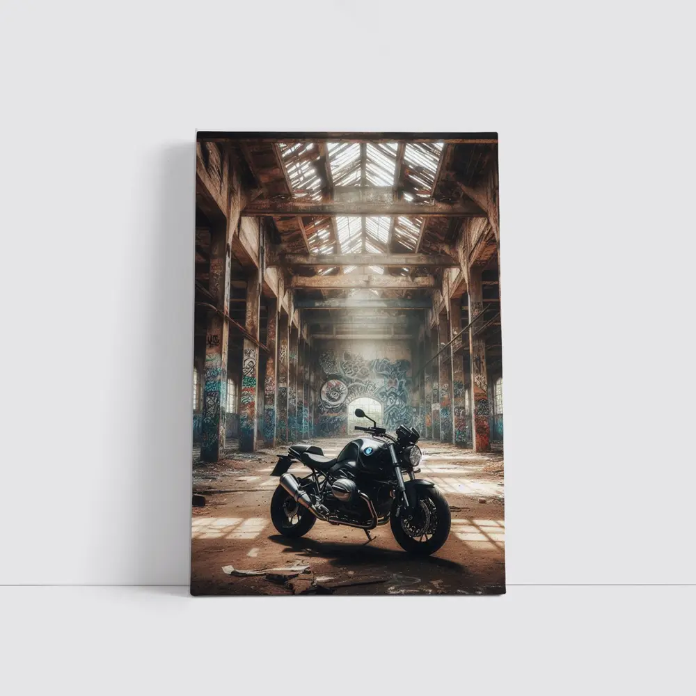 BMW Motorcycle Abandoned Warehouse Graffiti Scene – Wall Art