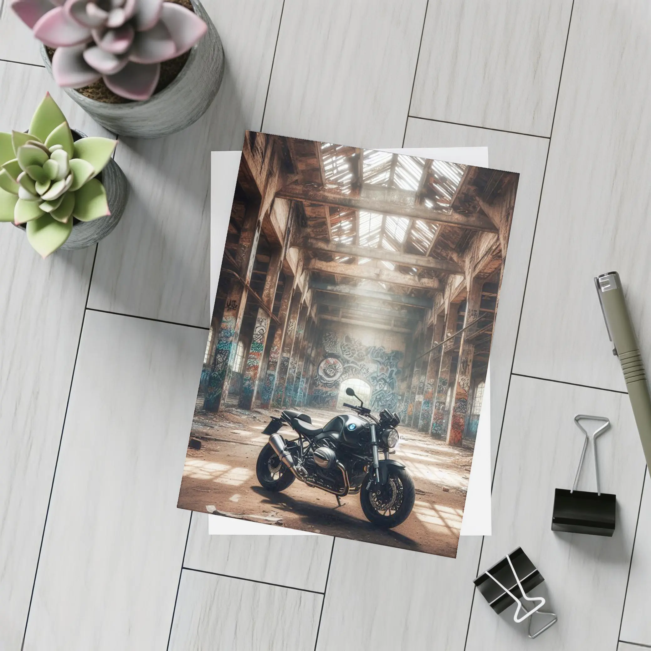 BMW Motorcycle Abandoned Warehouse Graffiti Scene – Postcards