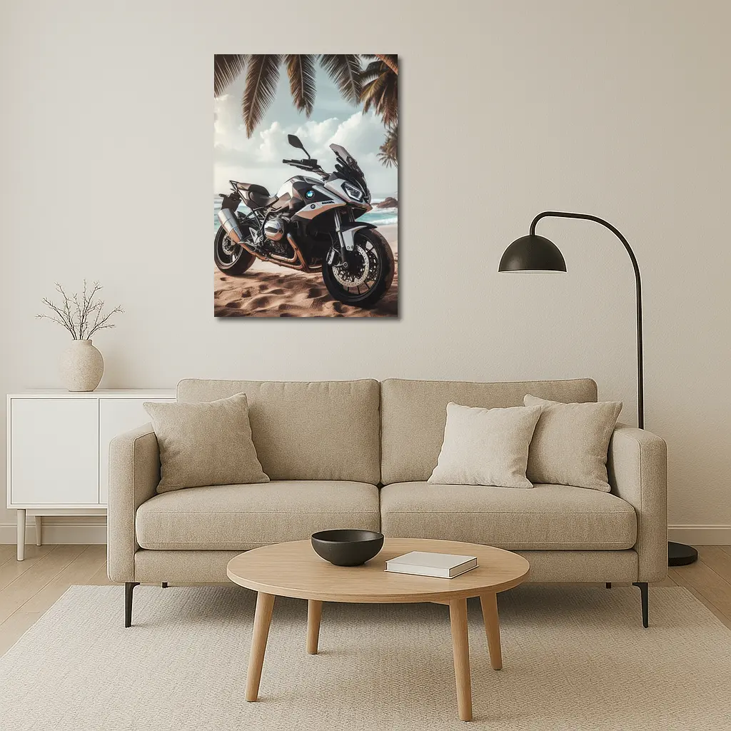 BMW Motorcycle Parked on Tropical Beach – Wall Art
