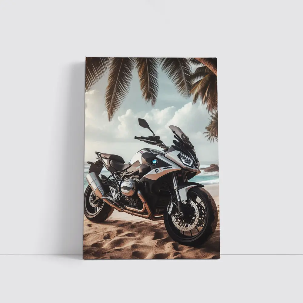 BMW Motorcycle Parked on Tropical Beach – Wall Art