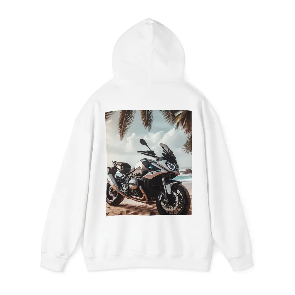 BMW Motorcycle Parked on Tropical Beach – Hoodies
