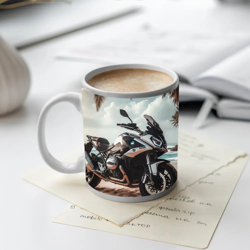 BMW Motorcycle Parked on Tropical Beach – Mugs