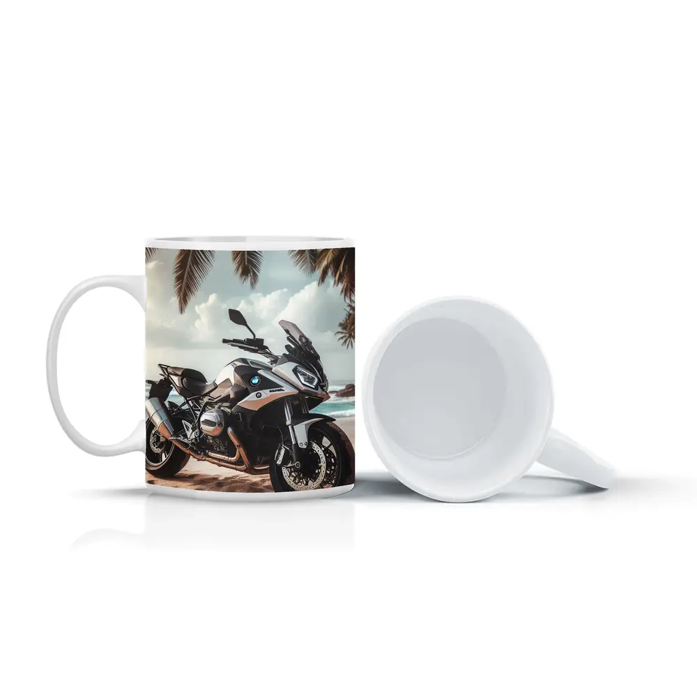 BMW Motorcycle Parked on Tropical Beach – Mugs