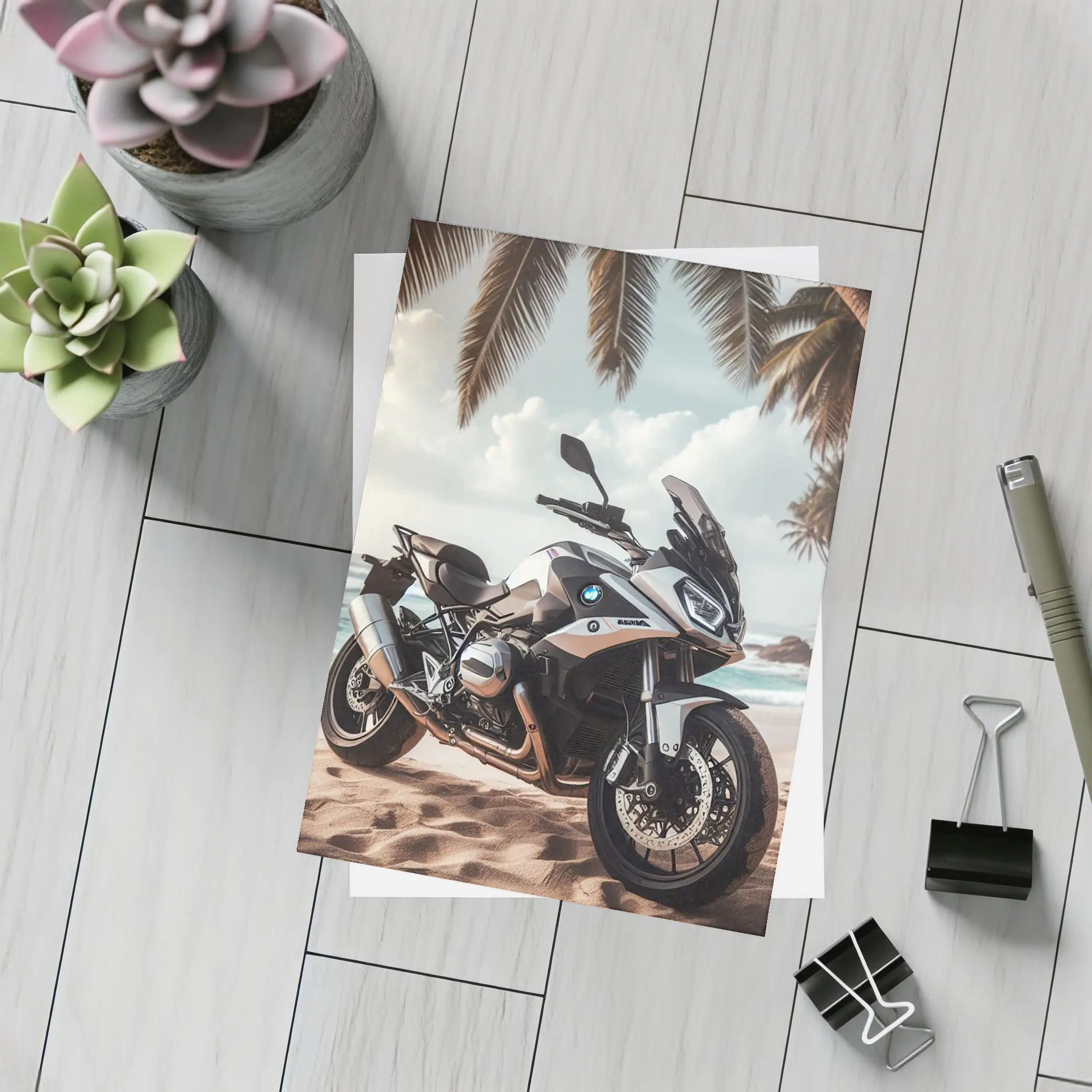BMW Motorcycle Parked on Tropical Beach – Postcards